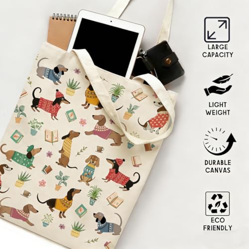 Canvas Tote Bags Reusable Shopping Bag for Women with Zippered Inner Pocket Magnetic Snap Closure - color: Dachshund