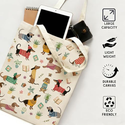 Canvas Tote Bags Reusable Shopping Bag for Women with Zippered Inner Pocket Magnetic Snap Closure - color: Dachshund