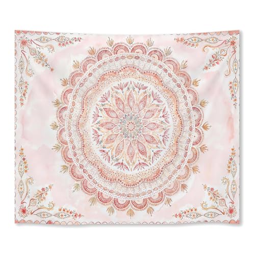 WIUHIO Boho Flower Mandala Tapestry Pink Bohemian Floral Medallion Wall Hanging Hippie Indian Aesthetic Wall Art For Bedroom Living Room Dorm Decor 50 x 60 inches - color: White, size: 60"L x 50"W