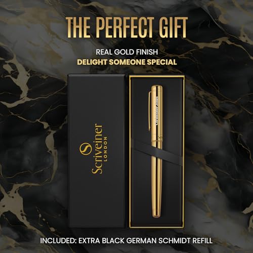 Scriveiner Personalized Gold Rollerball Pen - Stunning Luxury Pen, Real Gold Plating, Schmidt Ink Refill, Best Engraved Roller Ball Gift Set for Men & Women, Custom Name Engraving - color: Gold (Personalized)