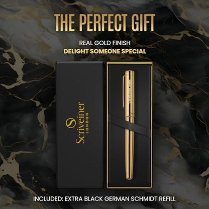 Scriveiner Personalized Gold Rollerball Pen - Stunning Luxury Pen, Real Gold Plating, Schmidt Ink Refill, Best Engraved Roller Ball Gift Set for Men & Women, Custom Name Engraving - color: Gold (Personalized)