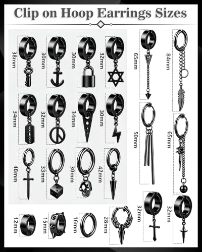 ONESING 20-25 Pcs Clip On Earrings for Men - Dangle Hoop Sterling Non Pierced Fake Piercings - Stainless Steel Silver - color: Black-25pcs