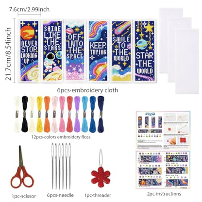 ORIGACH 6 Pcs Space Cross Stitch Bookmark Kit for Beginners - style: Cosmic Space & Inspirational Quotes