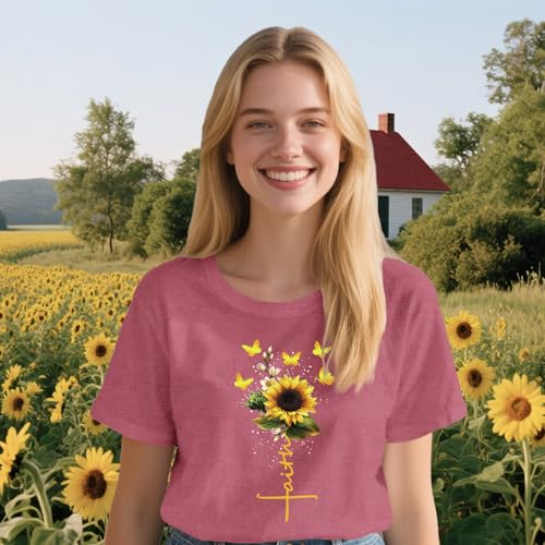 Womens Christian Shirts Faith Cross Sunflower Butterfly T-Shirt Bible Verse Religious Tee Tops - color: Pink, size: XX-Large