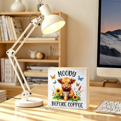 Moody Before Coffee Western Country Wood Block Plaque Box Sign - color: brown036