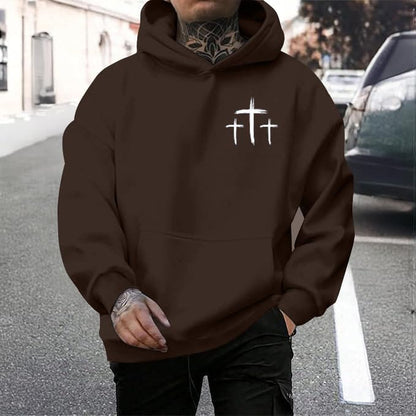 Men Faith Over Fear Christian Cross Graphic Pullover Hoodie - color: Brown, size: X-Large