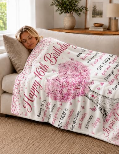 Sweet 16 Gifts for Girls, Sweet 16 Blankets,16th Birthday Gifts - color: 16 Pink Tree