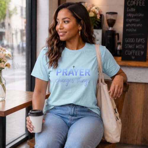 BeWithYou Christian Shirts for Women Religious Faith Jesus God Tshirts Inspirational Bible Verse Cross Graphic Tee Casual Top - color: Light Blue, size: XX-Large