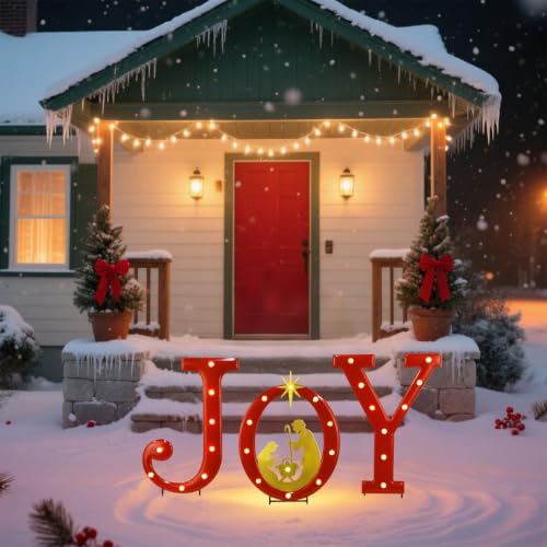 Hausse Lighted Christmas Decorations Outdoor, 15" Joy Letter Nativity Scenes Sets, Xmas Metal Religious Yard Decor with Stake, Battery Powered for Home Winter New Year Holiday Garden Patio Lawn