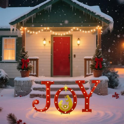 Hausse Lighted Christmas Decorations Outdoor, 15" Joy Letter Nativity Scenes Sets, Xmas Metal Religious Yard Decor with Stake, Battery Powered for Home Winter New Year Holiday Garden Patio Lawn