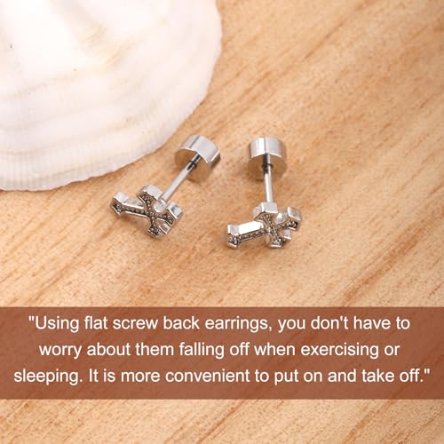 Mikovivi Titanium Steel Cross Flat Screw Back Small Stud Earrings
