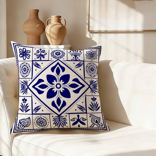 Traditional Mediterranean Tile Throw Pillow Cover,Blue and White Floral Tile Decorative Pillow Case,Boho Ethnic Geometric Cotton Linen Cushion Case for Home Decor 18 * 18 Inch - color: Settype05