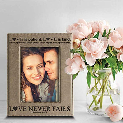 BELLA BUSTA -Love Never Fails-1 Corinthians (bible verse)-Anniversary for her,Him-Valentines Day- Engraved Leather Picture Frame (4 x 6 Vertical) - size: 4 x 6 Vertical