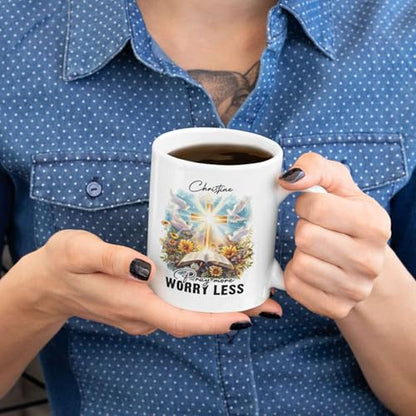Christian Mug With Customized Name, Bible And Dove Design Ceramic Cup, Custom Christian Keepsake Mug 11oz 15oz, Personalized Christian Faith Coffee Cup, Gift For Family Member - color: HOA-624-2170-PRAY MORE WORRY LESS MUG