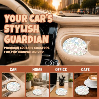Blue Pink Hydrangea Car Coasters, Retro Coastal Floral Cup Holders, 21 - color: Blue Pink Hydrangea