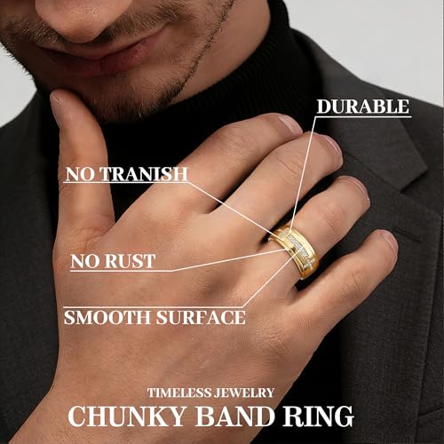 Mens Wedding Band, 18K Gold Plated Rings Non Tarnish Promise Rings For Him Lord's Prayer Cross Ring Father in Law Gifts Round Cut Anniversary Engagement Size 7-14 - size: 7