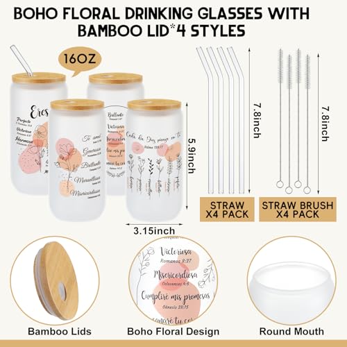 Tioncy 4 Pcs Spanish Christian Glass Cups 16 oz with Bamboo Lids Straw