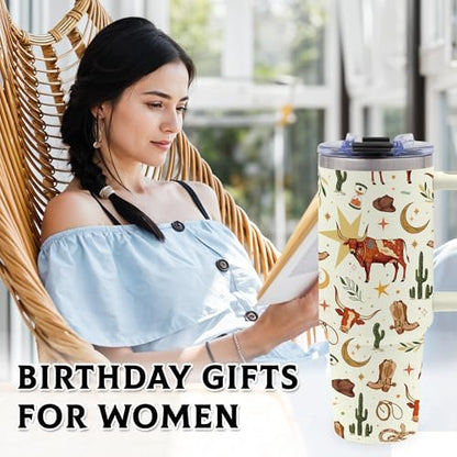 Rodeo Gifts for Women, 40oz Cowgirl Western Tumbler with Handle - color: Cowboy-Beige