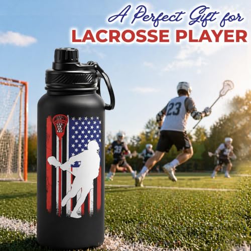 Lacrosse Water Bottle 32oz, Funny Lacrosse Gifts Eat Sleep Lacrosse Repeat, Gifts for Lacrosse Players, Sports Water Bottle for Men Women Boys Girls, Insulated Gym Bottle - color: Lacrosse