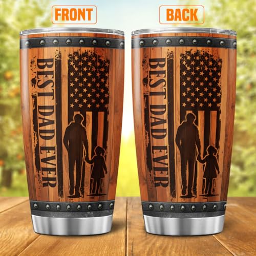 Best Dad Ever American Travel Mug, 20oz Stainless Steel Tumbler with Rustic Wood Design, Vacuum Insulated Gift Cup for Father, Ideal for Birthday, Christmas, Father's Day, Outdoor Use - color: Patriotic Dad
