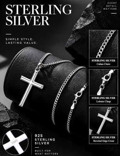 MILACOLATO Solid 925 Sterling Silver Cross Necklace for Men Women 16-24 in - color: Sterling Silver Cuban Chain, size: 18 in=46 cm