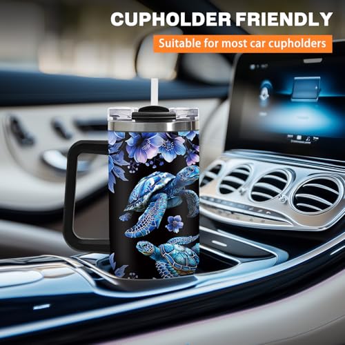 40oz Dark Mystical Sea Turtle Tumbler with Straw, Goth Blue Floral Ocean Gifts for Women Girls, Black Aesthetic Stainless Steel Insulated Travel Coffee Mug with for Teens Sister Cool Bestie Birthday - color: Sea Turtle-D-174