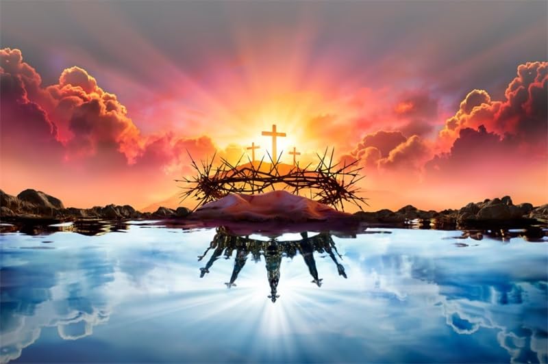 Renaiss 8x6ft Resurrection of Jesus Backdrop Reflection of Holy Light Sky on Water Photography Background Crown of Thorns Easter Banner Church Event Christian Party Decoration Photo Booth Props - size: 8x6ft