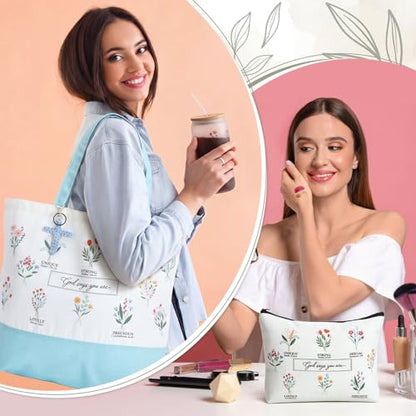 Aliceset 6 Pcs Religious Christian Gifts for Women Bible Verse Tote Bag Cosmetic Bag Glass Cup Keychain for Catholic Church(Blue) - color: Blue