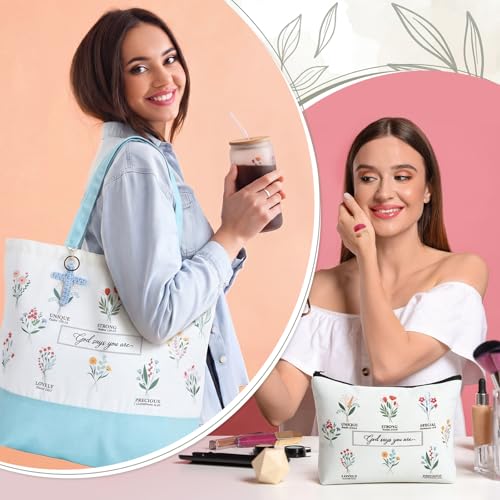 Aliceset 6 Pcs Religious Christian Gifts for Women Bible Verse Tote Bag Cosmetic Bag Glass Cup Keychain for Catholic Church(Blue) - color: Blue