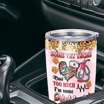 Personalized Vet Tech Tumbler With Lid Leopard Stethoscope Medical Veterinarian Travel Coffee Mug Cup Stainless Steel Gifts For Girls Women Cute Veterinary School Graduation - color: Vet