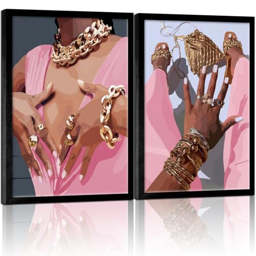 2Pce Framed Wall Art Set 24x16 Inches Modern Abstract Canvas Art Featuring Black Women's Hands and Stylish Jewelry Portraits Colorful Home Wall Decor Prints for Living Room and Bedroom - color: Red, Pink, size: 24x16 inch
