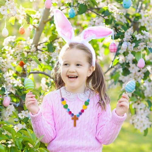 BeYumi Religious Cross Necklace Craft - 24Pcs Christian Wooden Cross Beads Necklace Craft Kit for Kids DIY Jewelry Gift Jesus Heart Decor VBS Week Sunday School Church Classroom Party Fun Activities - style: Easter