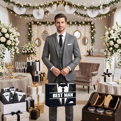 Best Man Gift Bag Set for Men, Groomsmen Gift Proposal Bag with Tissue Paper Card Envelope Sticker for Wedding Groomsman Proposal, Bachelor Party, Groom Squad Invitation, Rehearsal Dinner Thank You Gifts