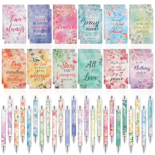 Maritown 48Pcs Bible Verse ballpoint Pens with Christian Notepads - style: Gouache Flowers