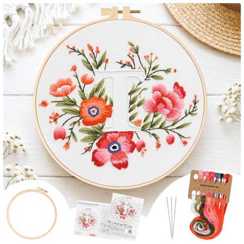Zerzsy 7.87 '' Embroidery Kits Plant Flower Leaf English Letter Patterns for Beginners Adults, Easy to Learn Cross Stitch Kit for Home Office Decor - color: Letter T