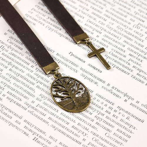 Donxote Bookmarks, Handmade Retro Cross Tree of Life Bible Bookmark with Long Leather Straps, Christian Saint Book Mark, Ideal Christian Gift (Style 16) - style: Style 16