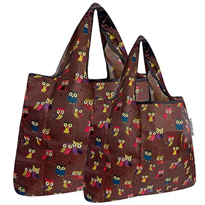 allydrew Large Foldable Tote Nylon Reusable Grocery Bags - color: Set of 2, Owls Brown, size: Large & Small (Set of 2)