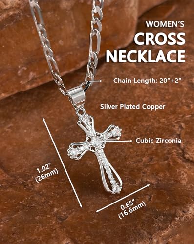 14K Gold Plated Cross Necklace for Women, Cubic Zirconia Copper Cross Pendant, Valentine Mother's Day Gifts for Her with Jewelry Box Figaro Link Chain, Alloy Infinity CZ Diamond Bridal Wedding - color: Silver