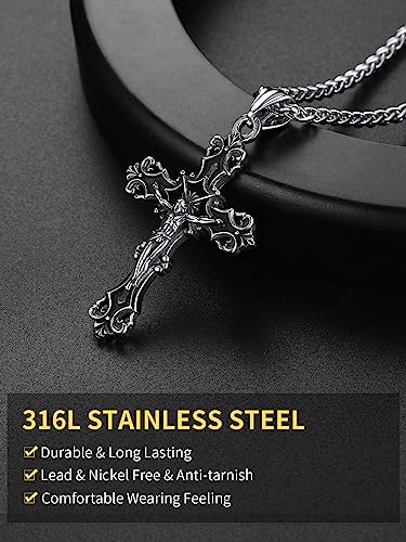 ChainsHouse Cross Necklace for Men, Black/18K Gold Plated/Stainless Steel Christian Jewelry Cross Pendant Necklace for Men, with Gift Box - color: a: Jecus Cross-Steel