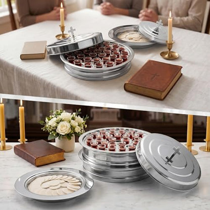 Communion Tray Set for Churches, 2 Wine Trays with Lids & Bread Tray - color: Silver