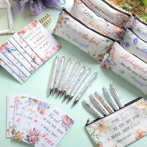 Cholemy 36 Pcs Christian Bulk Gift for Women Include 12 Religious Pens 12 Bible Verse Notebooks 12 Bible Case Bags Makeup Bags Religious Gift for Women Inspirational Study Supply for Men Office Church