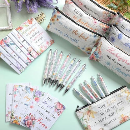 Cholemy 36 Pcs Christian Bulk Gift for Women Include 12 Religious Pens 12 Bible Verse Notebooks 12 Bible Case Bags Makeup Bags Religious Gift for Women Inspirational Study Supply for Men Office Church