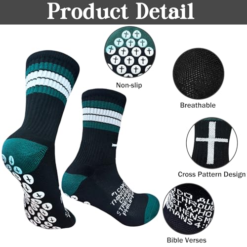 3 Pairs Cross Socks with Bible,Philippians 4: 13 Christian Socks US 6-13, Grip Sport Sock for Football, Soccer, Gym - color: Black Green