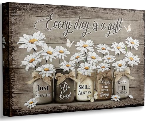 Daisy Bathroom Canvas Wall Art Farmhouse Rustic White Daisy And Butterfly Picture Wall Decor Inspirational Plant Flower Poster Print Artwork for Bathroom Living Room Bedroom Study Home Decoration - color: Daisy, size: 24"L x 16"W