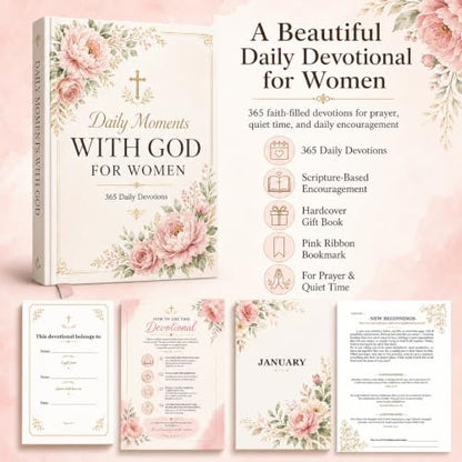Daily Devotional for Women, 10 Minutes with God 365 Christian Devotions for Prayer, Quiet Time, and Daily Encouragement, Hardcover Gift Book with Pink Ribbon Bookmark
