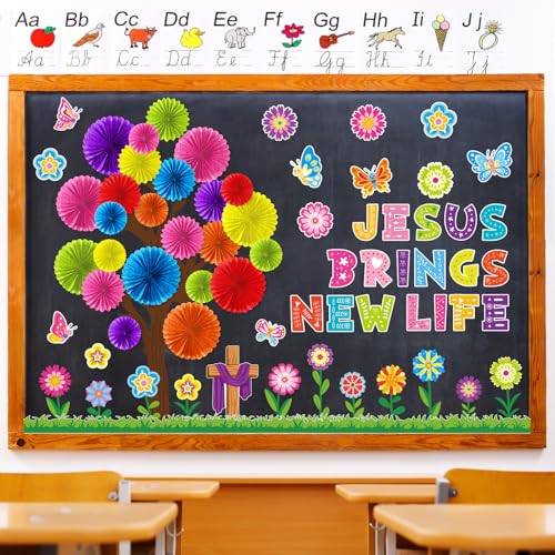Gersoniel 76 Pcs Back to School Bulletin Board Decorations Christian Classroom Bulletin Boards 3D DIY Paper Fans Tree Cutouts Jesus Religious Cross Decor for First Day of School Wall Decor Supplies - style: Spring