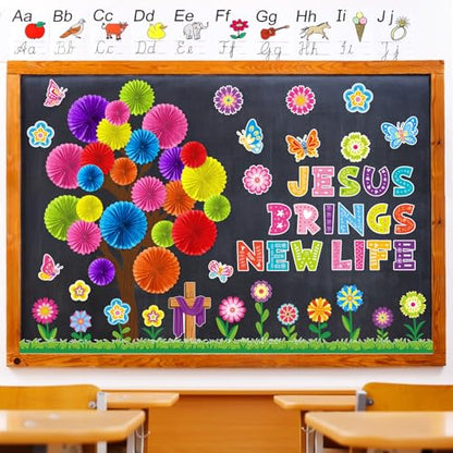 Gersoniel 76 Pcs Back to School Bulletin Board Decorations Christian Classroom Bulletin Boards 3D DIY Paper Fans Tree Cutouts Jesus Religious Cross Decor for First Day of School Wall Decor Supplies - style: Spring