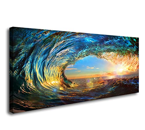 Cao Gen Decor Art S06750 Giant Wave Water Wall Art Canvas Prints 1 Panels Ocean Waves Pictures Paintings with Sunset Blue Seascape Framed for Living Room Bedroom Kicthen Office Artwork - color: Blue, size: 40"L x 20"W