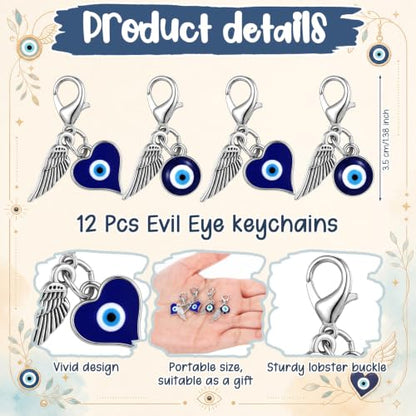 Kenning 12 Set Pocket Hugs Evil Eye Keychain Gifts Bulk, Evil Eye Party Favor Greece Souvenirs Charm Gift Good Luck Turkish Amulet with Lucky Cards for Employee Worker, Women - style: Evil Eye