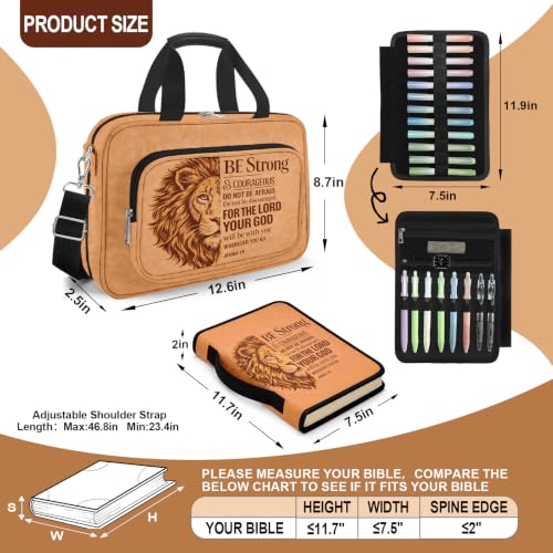 Brown Lion Large Bible Cover Case for Men, Bible Bag Carrying Case with Strap & Handle Zipper Pocket, Bible Study Supplies Journaling Kit with Pens Highlighters Tabs Christian Gift - color: Lion